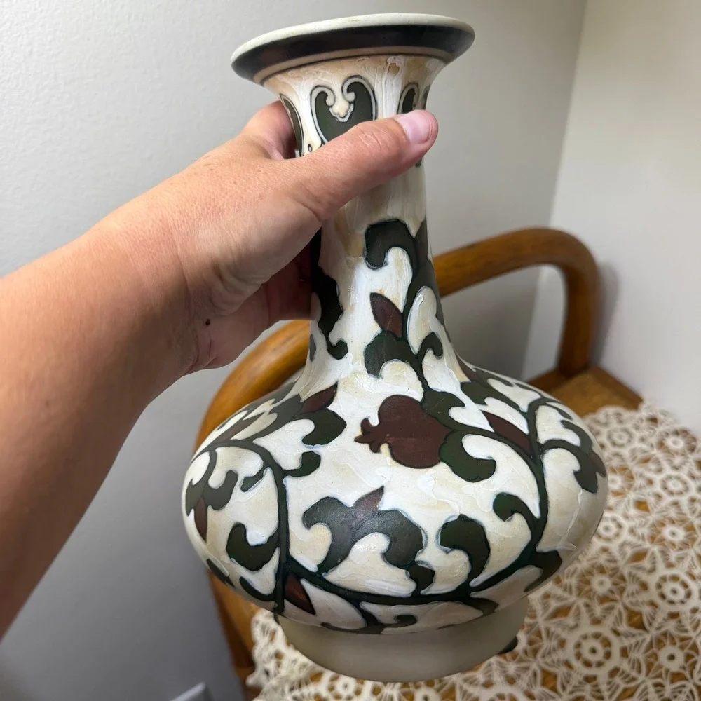Ivory Crackle Glaze Bottle Vase Chinoiserie Olive Oxblood Vine 10